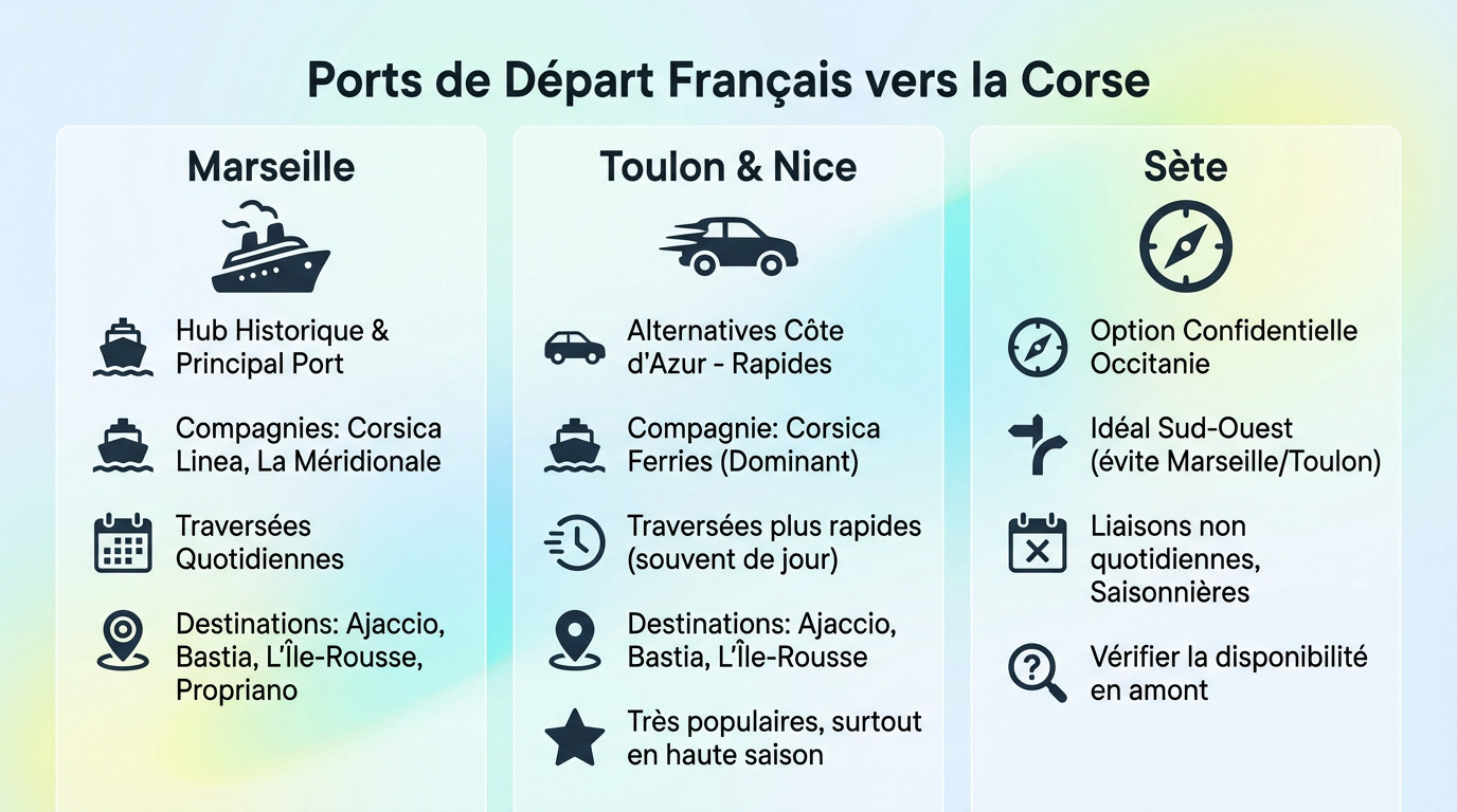 Carte illustrant les principaux ports de départ en France vers la Corse : Marseille, Toulon, Nice et Sète