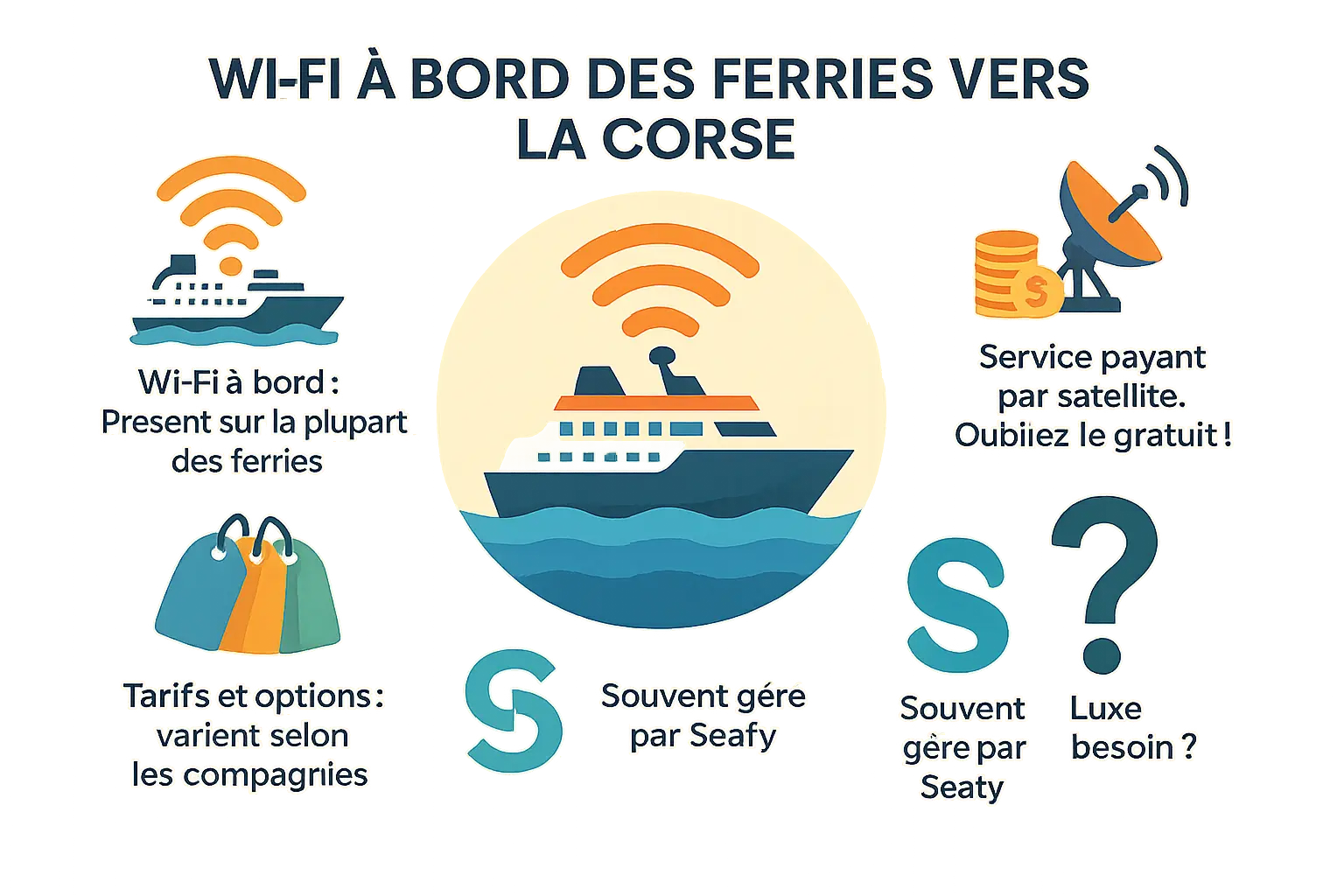 Femme utilisant son ordinateur portable avec une connexion wifi à bord d'un ferry pour la Corse