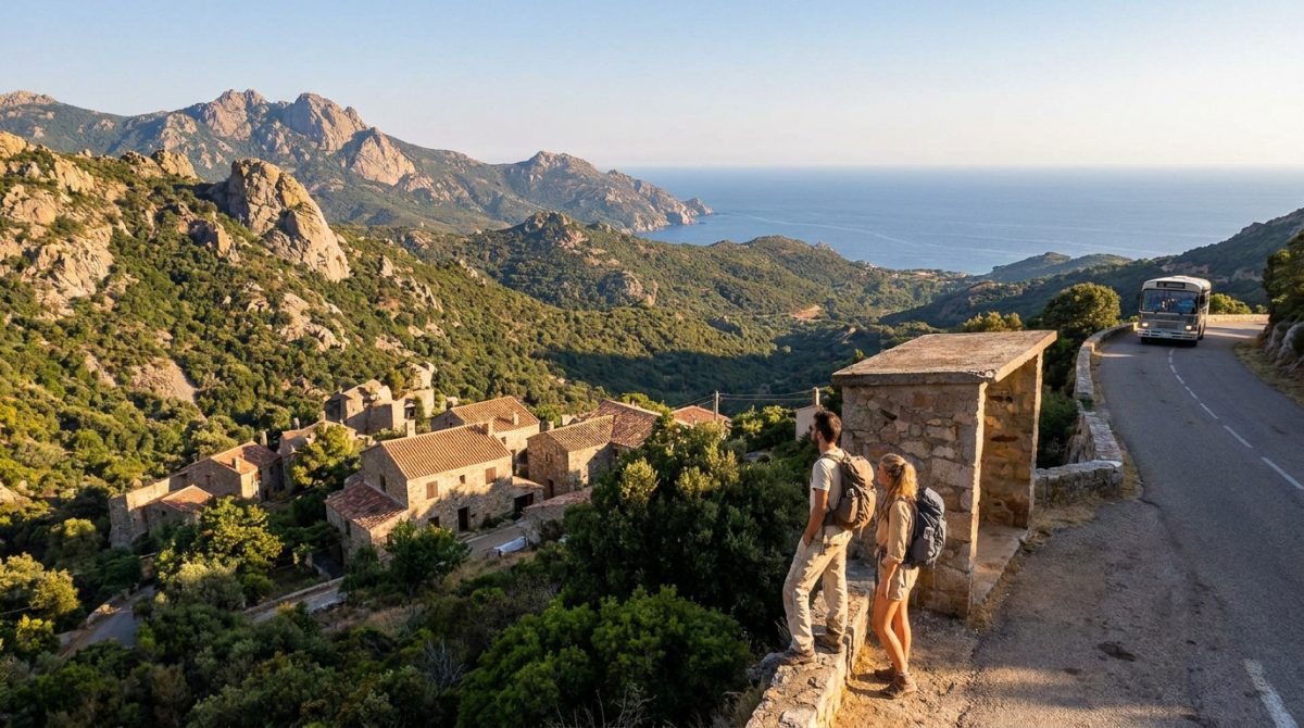 Deux randonneurs observent un village corse, la mer Méditerranée et des montagnes. Un bus roule sur une route sinueuse en Corse.
