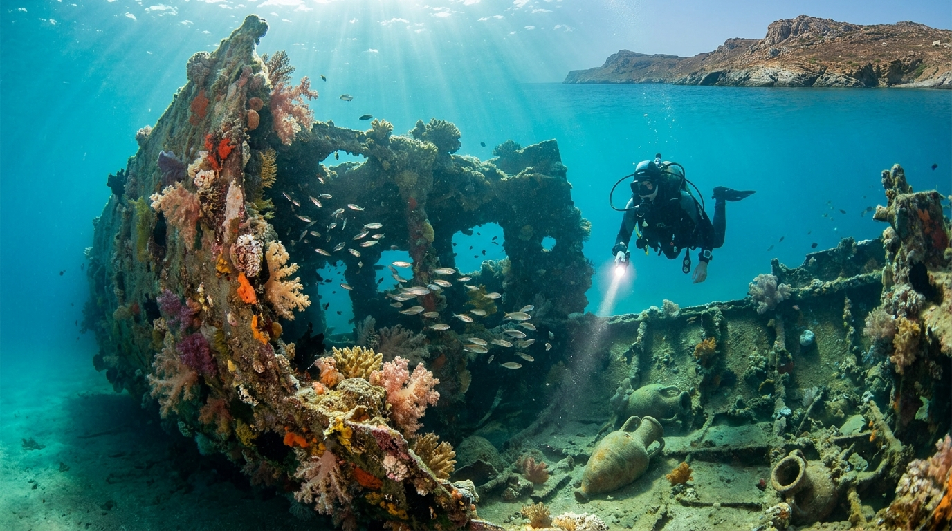 Plongeur explorant une epave en mer Egee, Grece