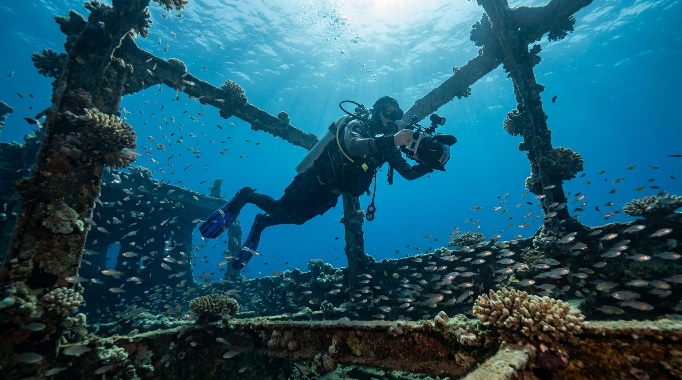 Plongeur sur une epave en mer Rouge, Egypte