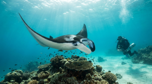 Plongee aux Maldives : spots, saison et budget Raie manta et plongeur aux Maldives