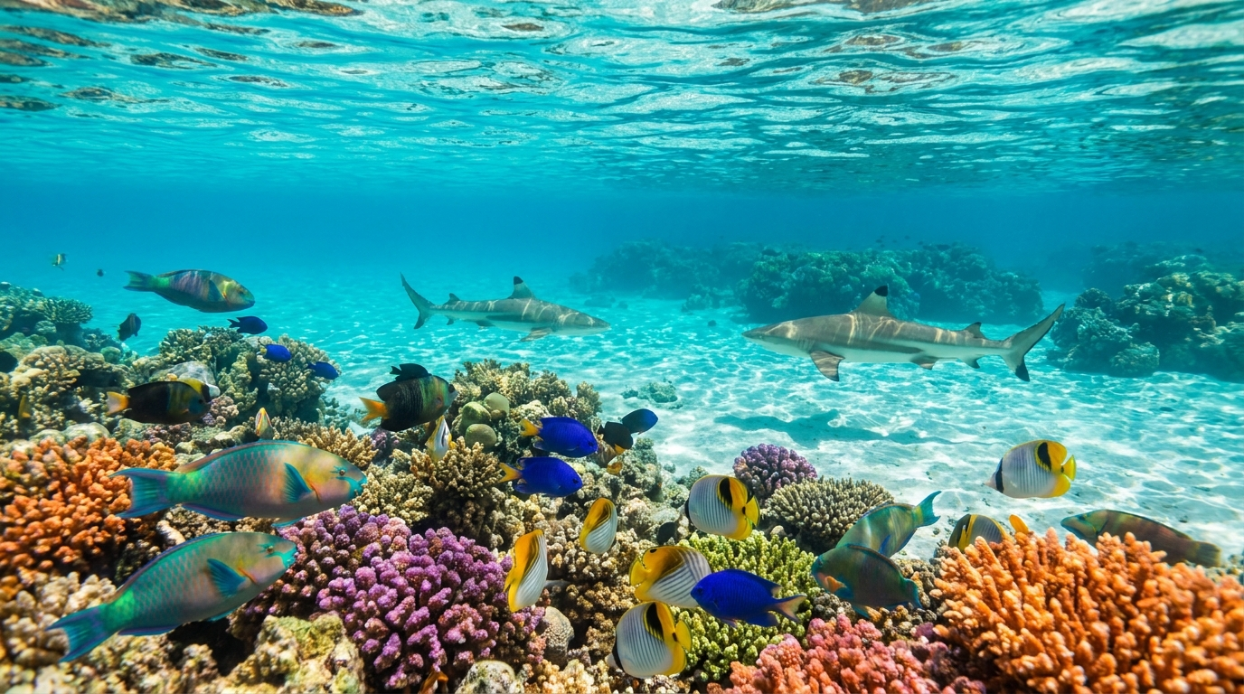 Recif et requins de recif aux Maldives