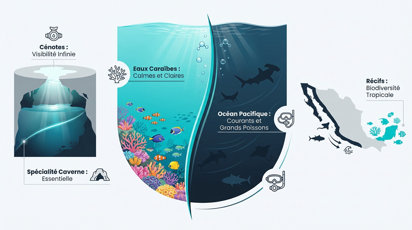 Comparaison infographique entre la plongée dans les Caraïbes et le Pacifique au Mexique