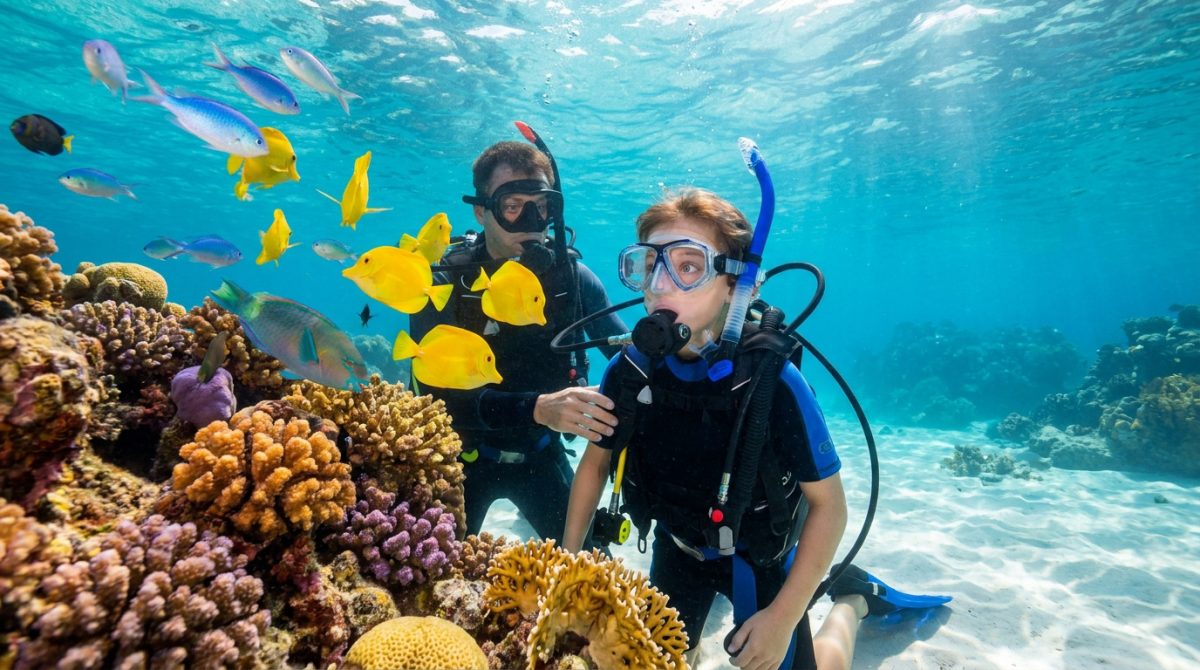 Un enfant et son instructeur découvrant des poissons tropicaux lors d'un baptême de plongée dans un récif corallien.