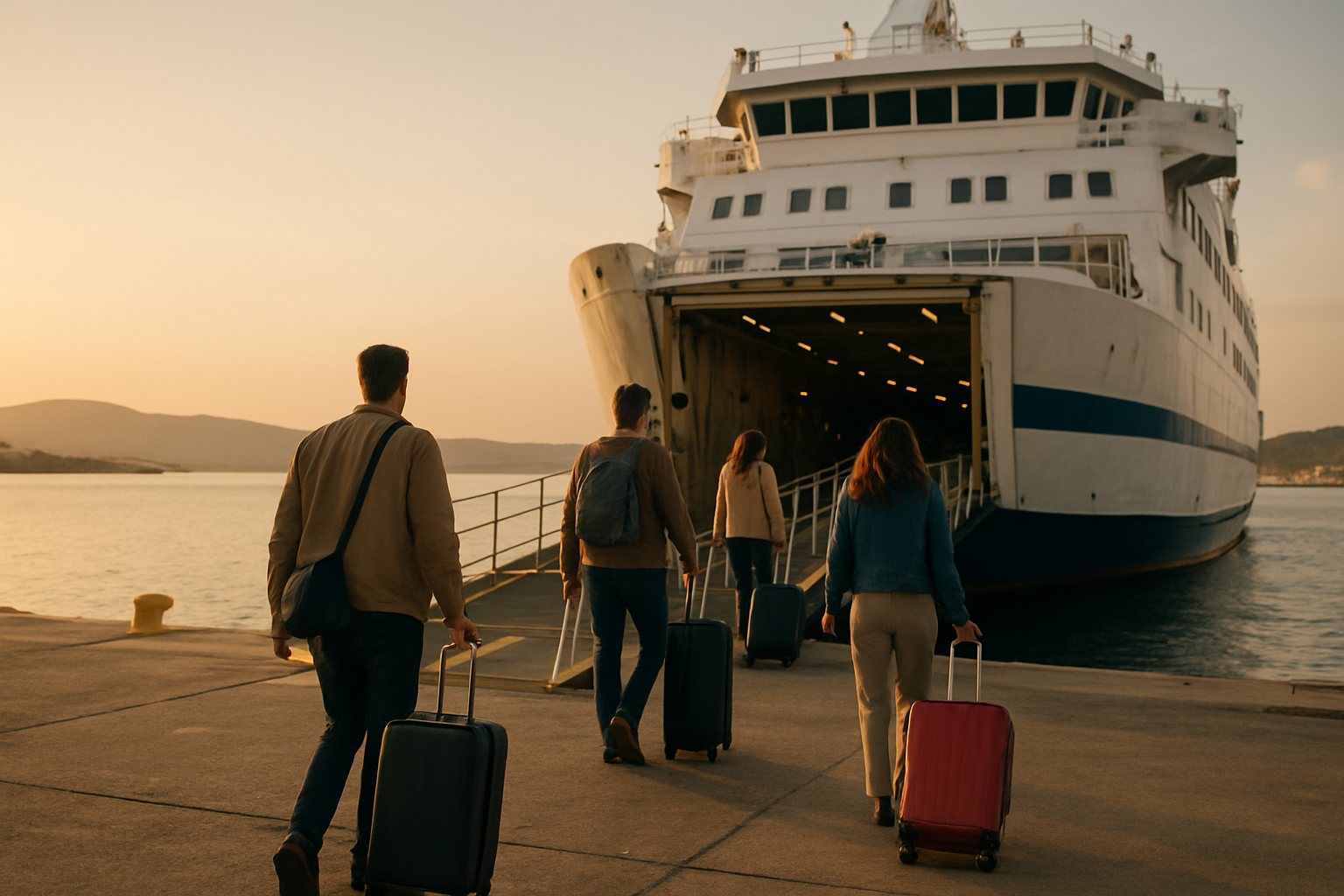 Voyageurs embarquant à bord d'un ferry pour la Corse dans un port méditerranéen
