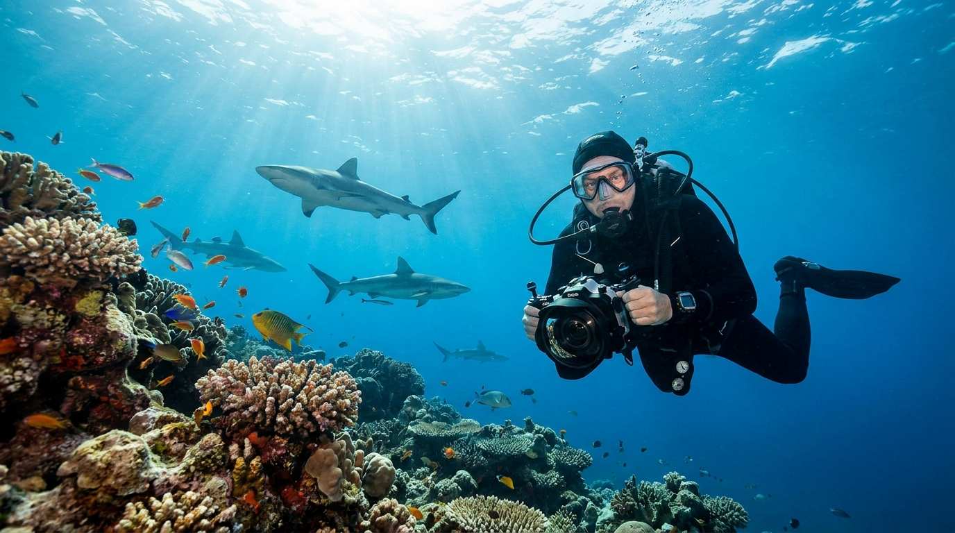 Plongeur observant des requins de recif en securite