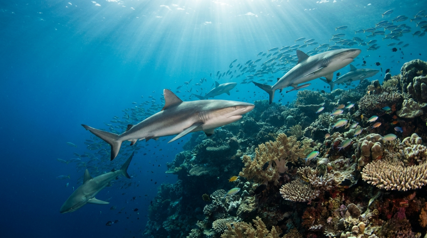 Groupe de requins gris sur un tombant