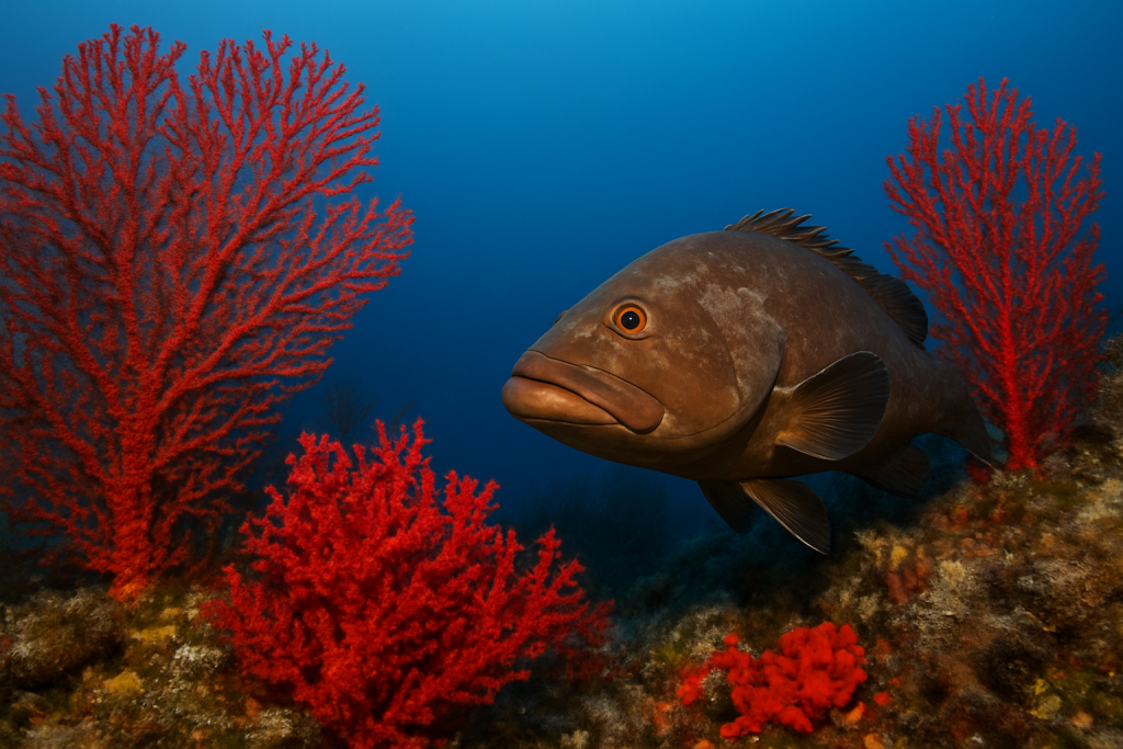Mérou brun parmi le corail rouge et les gorgones dans la réserve de Cerbère-Banyuls