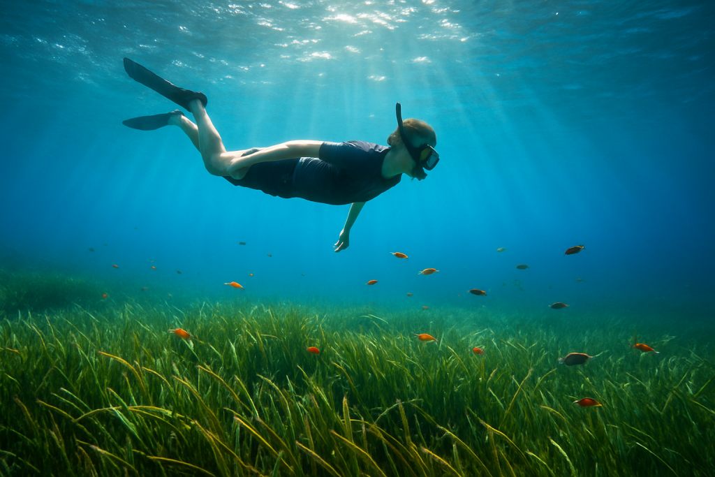 Snorkeling au-dessus d'un herbier de posidonie dans une calanque méditerranéenne