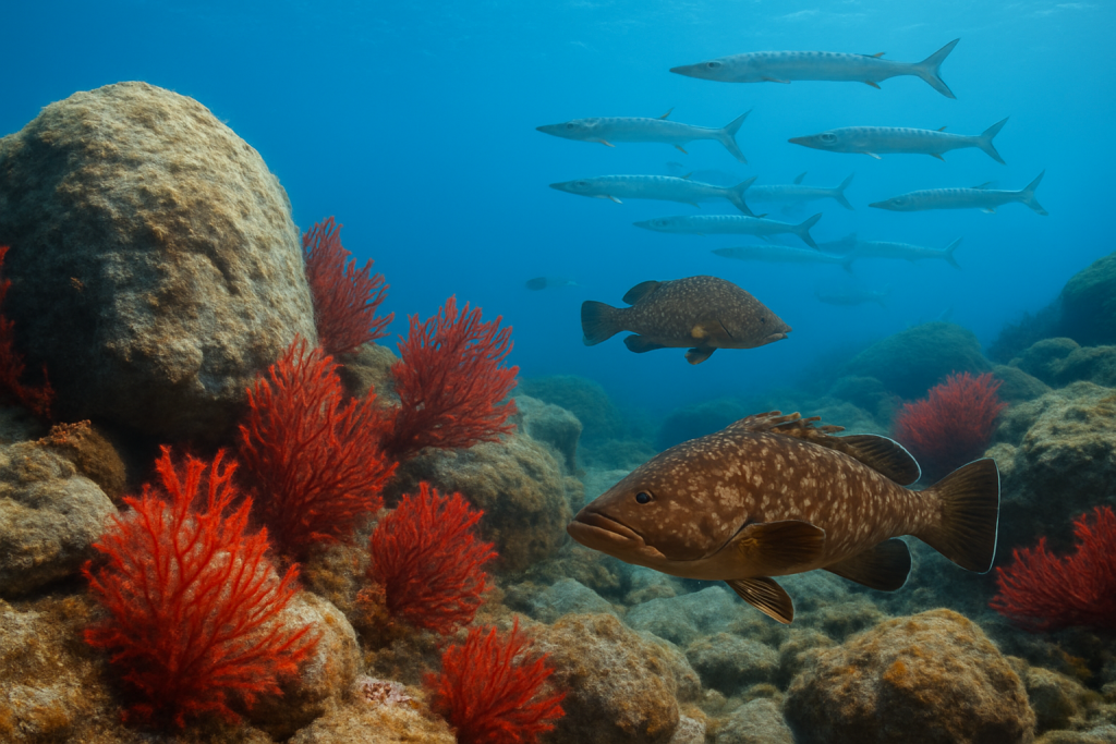 Sec granitique a gorgones et banc de barracudas dans le golfe d'Ajaccio en Corse