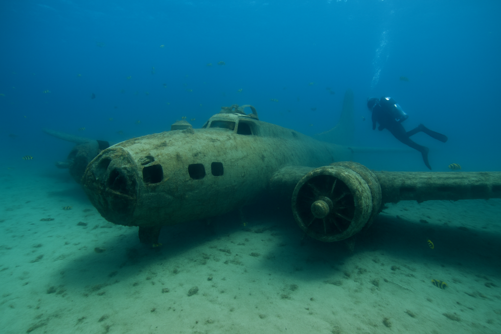 Épave du bombardier B-17 sur un fond sableux de Méditerranée avec un plongeur, au large de Calvi en Corse