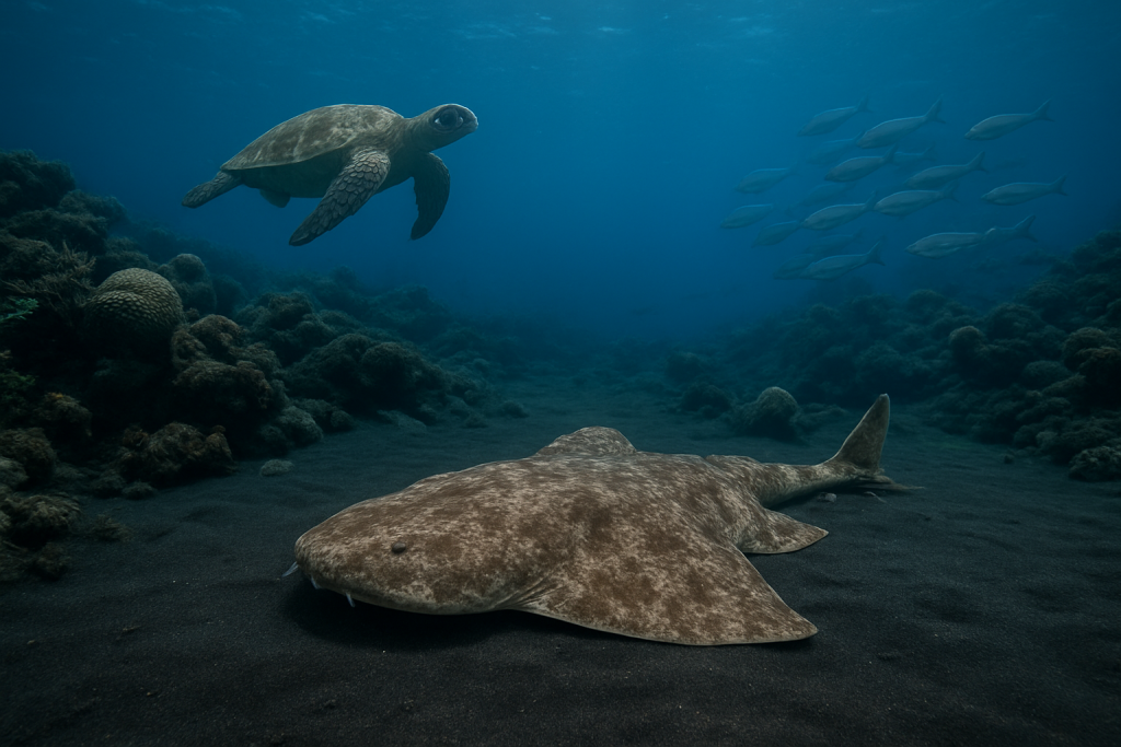 Recif volcanique des Canaries avec un ange de mer sur le sable noir, une tortue et un banc de poissons