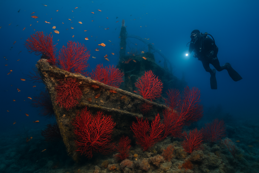 Epave mediterraneenne couverte de gorgones rouges et de poissons a Cavalaire dans le Var