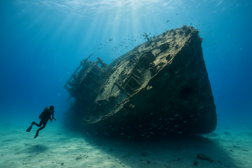 Epave sous-marine du Zenobia et plongeur dans une eau bleue claire au large de Larnaca a Chypre