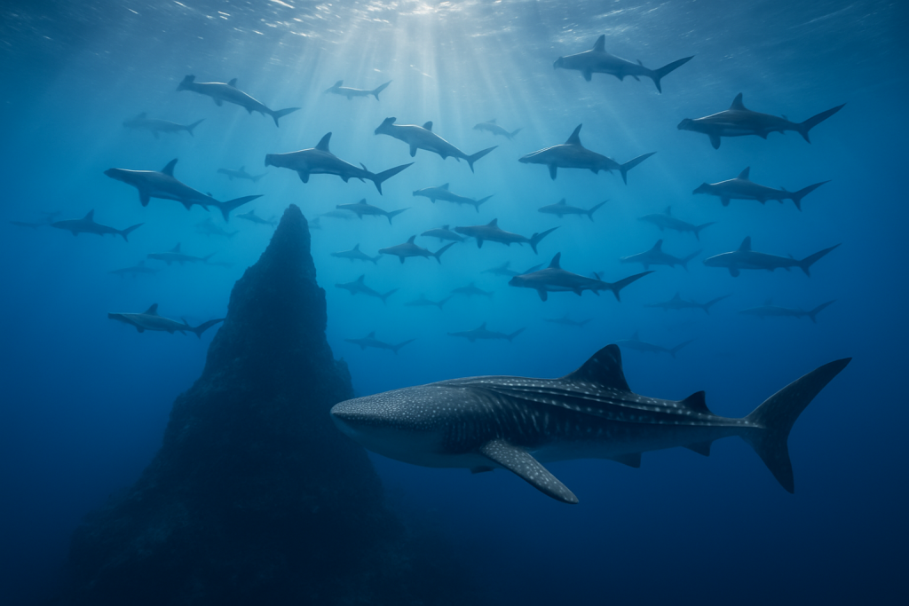 Banc de requins-marteaux et requin-baleine dans le bleu du Pacifique aux Galapagos