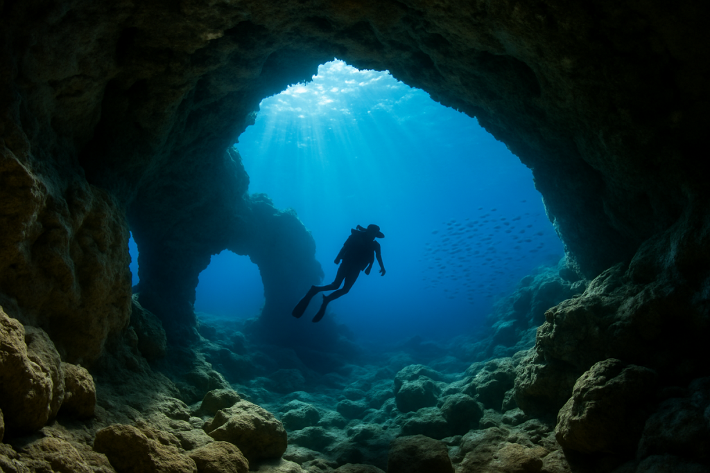 Tunnel et arche sous-marine dans une eau bleue tres claire a Gozo avec un plongeur