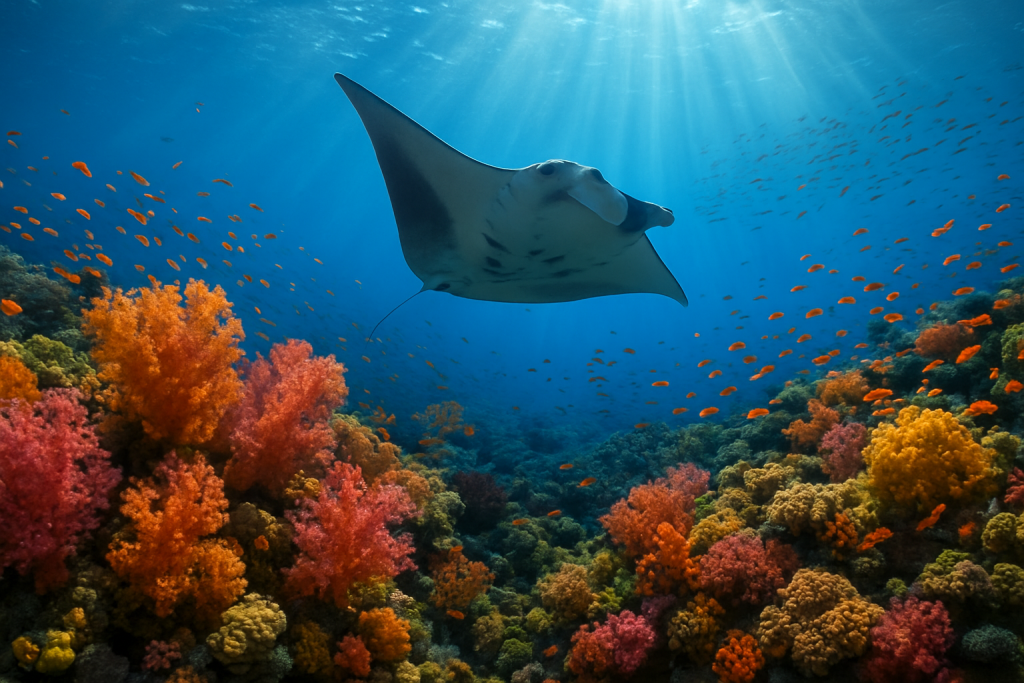 Recif corallien tropical avec une raie manta en Indonesie