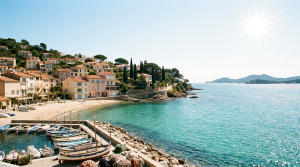 Le port et le village du Lavandou face a la Mediterranee et aux iles d'Hyeres
