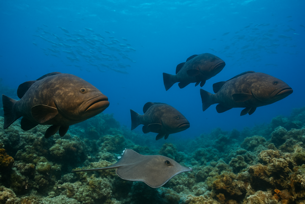 Recif volcanique de Madere avec des merous bruns, une raie et un banc de poissons dans une eau bleue