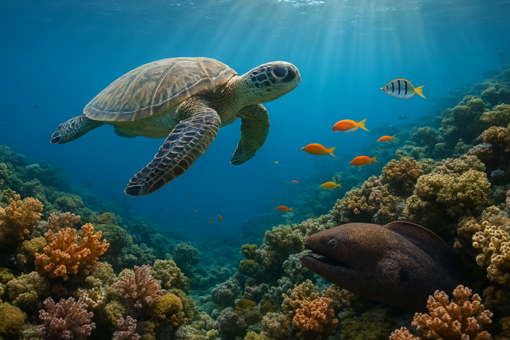 Tombant corallien avec une tortue, une murène et des poissons de récif à l'île Maurice