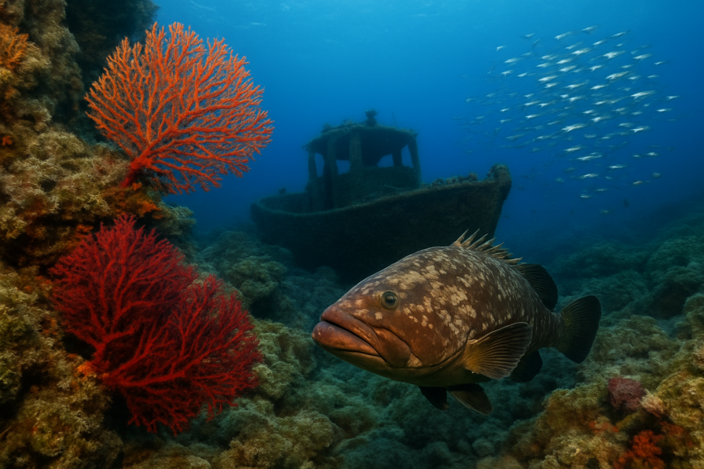 Tombant rocheux a gorgones et petite epave avec un merou au Montenegro en mer Adriatique