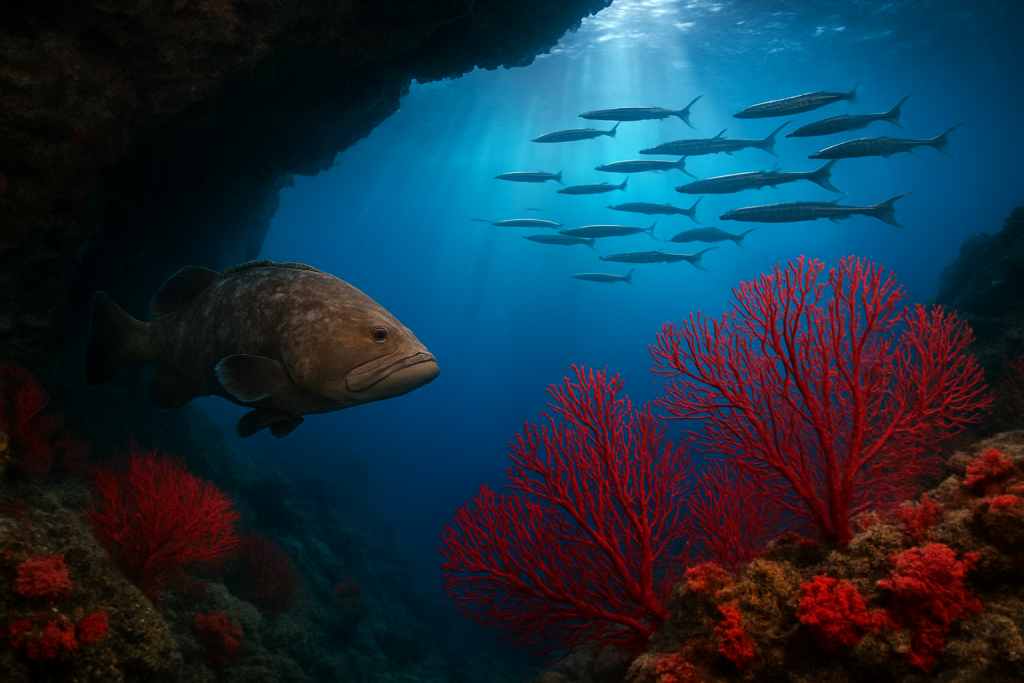 Grotte sous-marine et tombant à gorgones rouges avec un mérou et des barracudas en Sardaigne