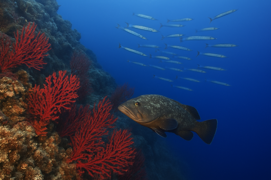 Tombant volcanique a gorgones rouges avec merou et barracudas en Sicile