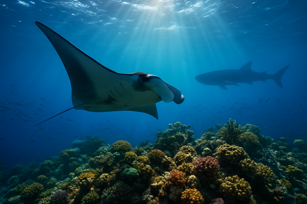 Pinacle corallien avec une raie manta et un requin-baleine sur un site de plongee en Thailande