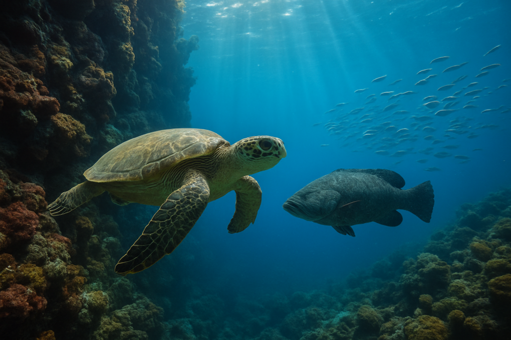 Tombant méditerranéen avec une tortue et un mérou sur un site de plongée en Turquie