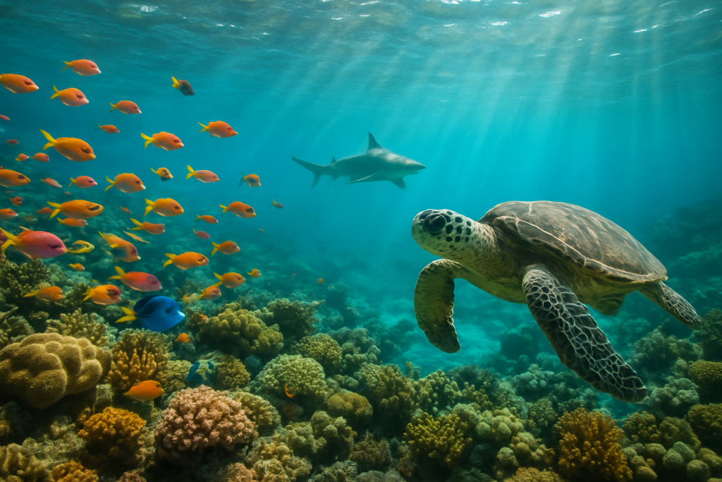 Recif corallien avec banc de poissons tropicaux et tortue de mer a Zanzibar