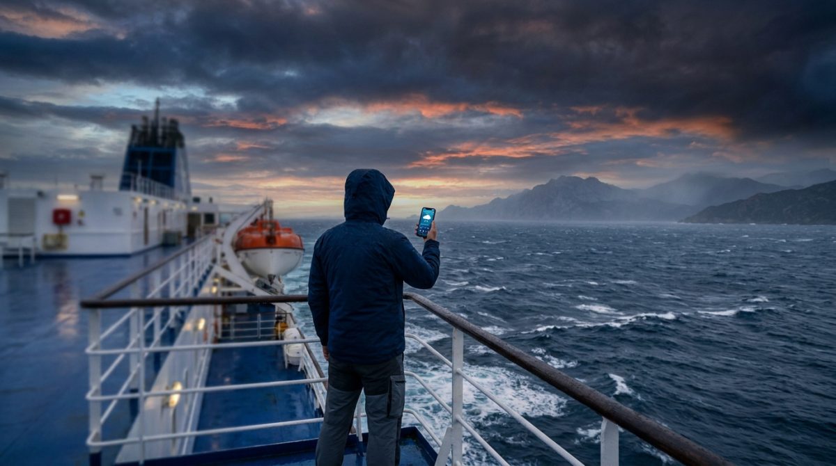 Un voyageur sur le pont d'un ferry consulte son smartphone face à une mer agitée et un ciel d'orage.