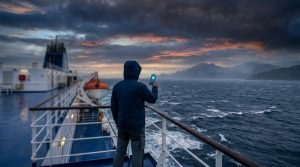Inondations en Corse cet automne : sécurisez votre ferry Un voyageur sur le pont d'un ferry consulte son smartphone face à une mer agitée et un ciel d'orage.