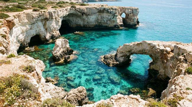 Cotes de Chypre au Cap Greco : mer turquoise et grottes de calcaire blanc