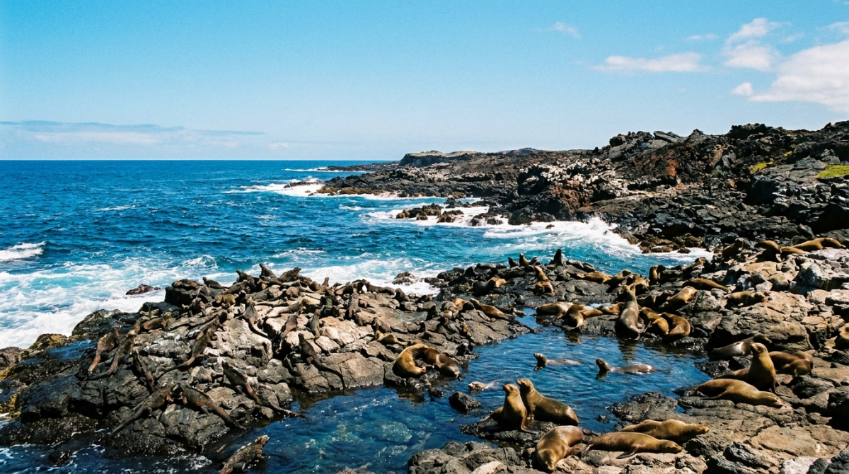 Littoral volcanique des Galapagos avec iguanes marins et otaries face au Pacifique