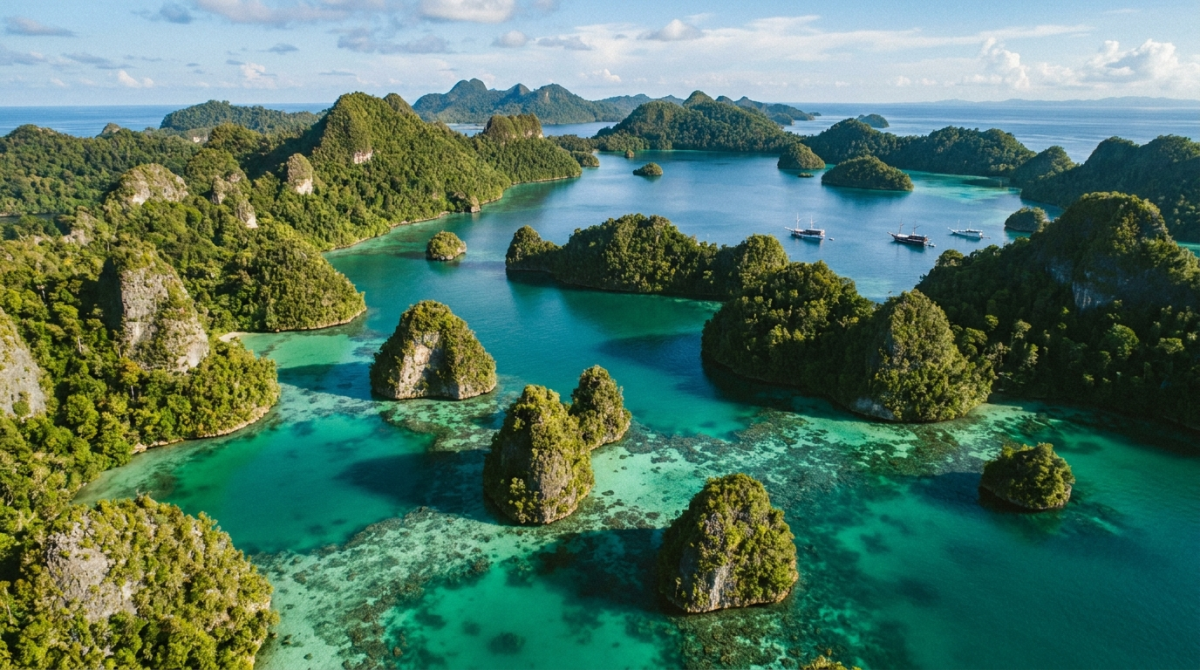 Iles karstiques de Raja Ampat sur un lagon turquoise en Indonesie