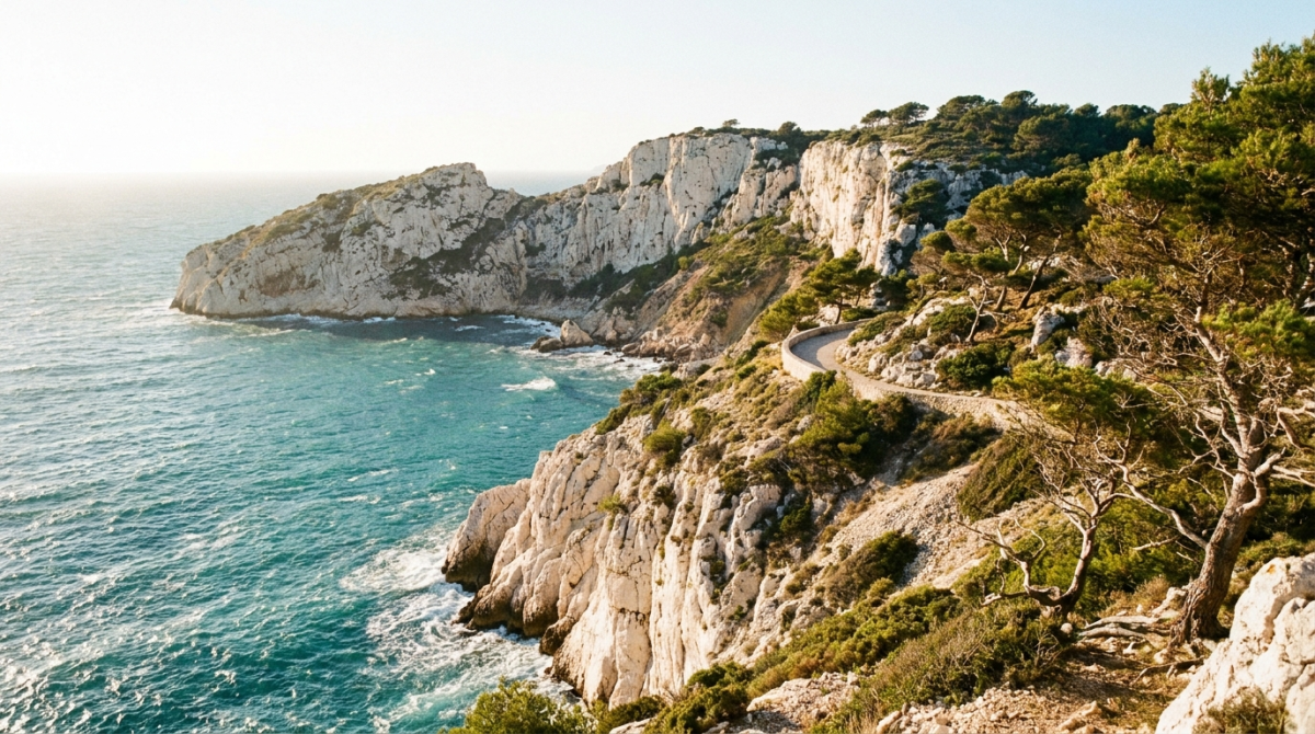 Les falaises blanches du Cap Leucate au-dessus de la Mediterranee, dans l'Aude