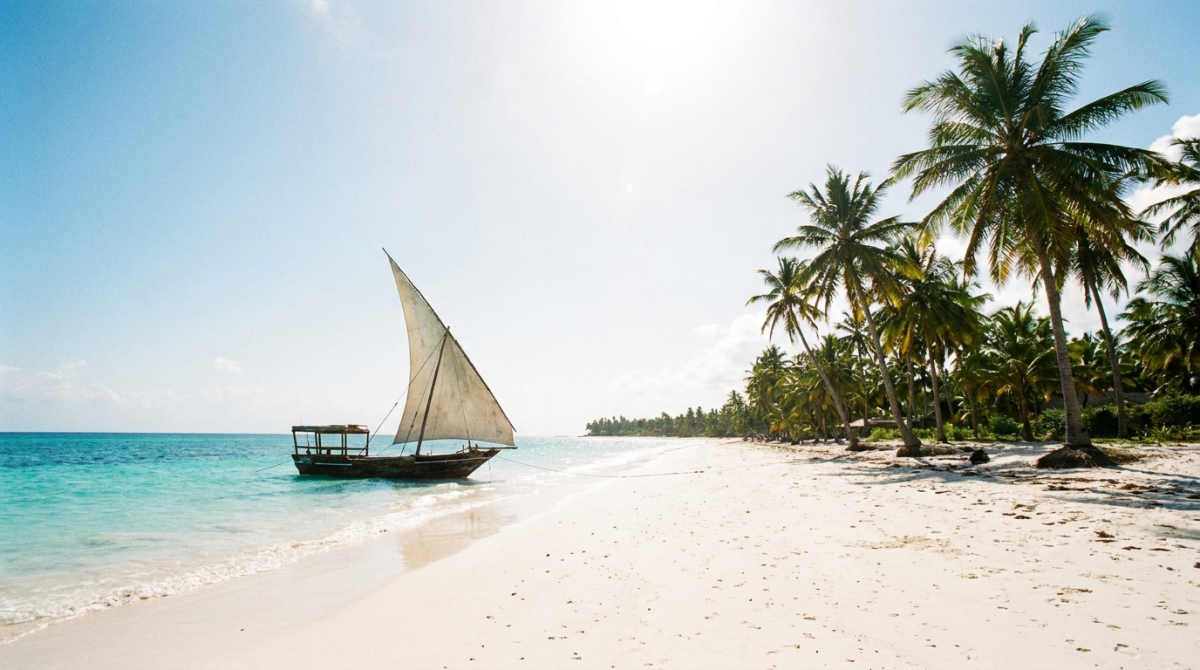 Plage de sable blanc, dhow traditionnel et ocean turquoise a Zanzibar en Tanzanie